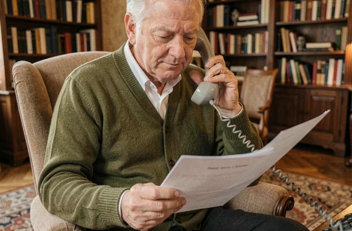 Senior au téléphone fixe consultant un document pour contacter le support Orange à domicile