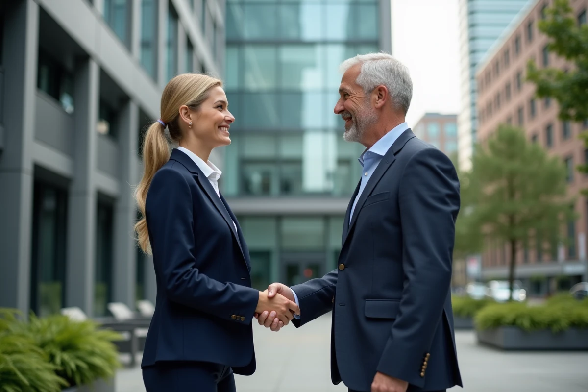 Homme senior et jeune femme se serrant la main devant un bâtiment