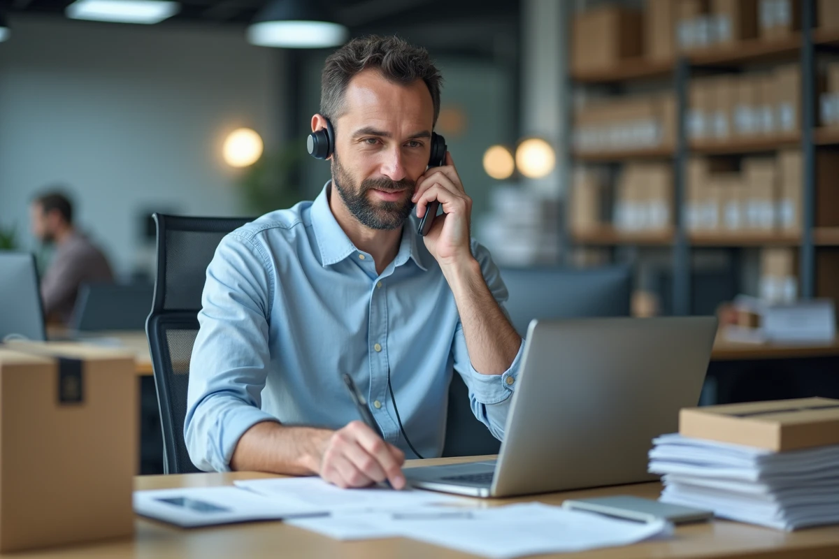 Agent du service client au téléphone avec un colis endommagé sur le bureau, représentant le recours client suite à une perte ou détérioration de colis