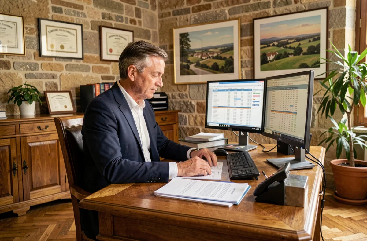 Expert-comptable masculin en costume dans un bureau élégant à Dijon, représentant le cabinet Sogest Dijon