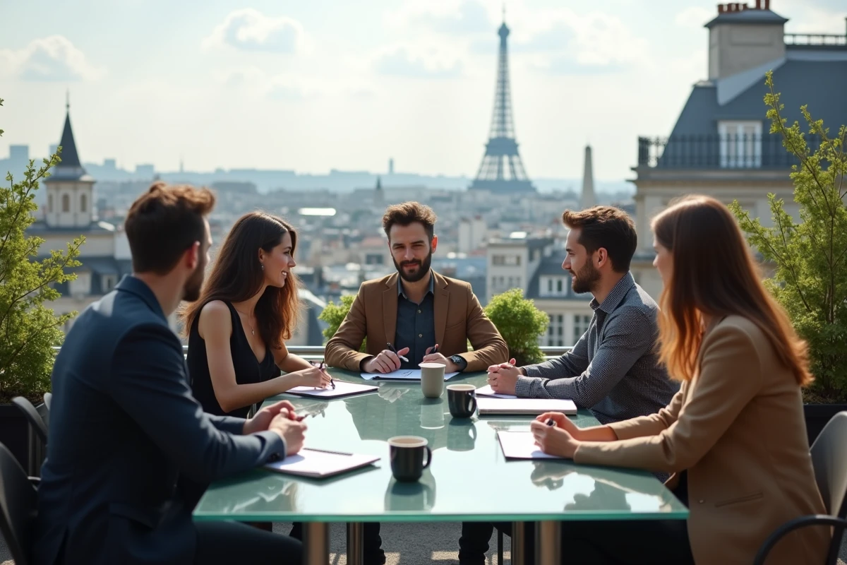 Groupe de fondateurs startup sur un rooftop parisien