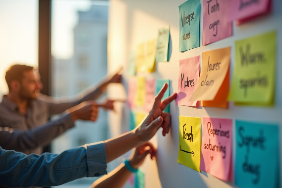 Panneaux colorés et valeurs affichés sur un mur de bureau