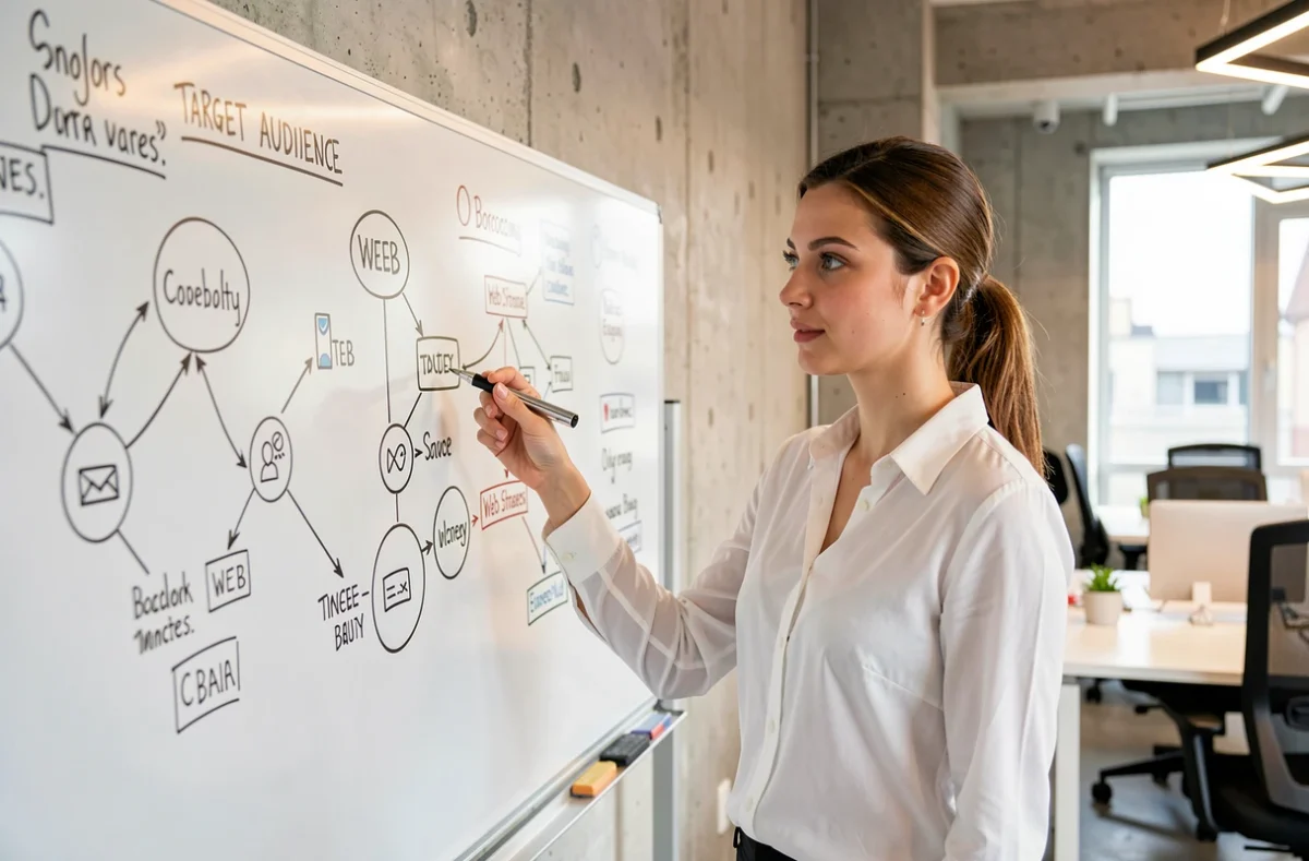 Stratégiste web de l'agence Target Web présentant une cartographie d'audience devant un tableau blanc dans un bureau moderne