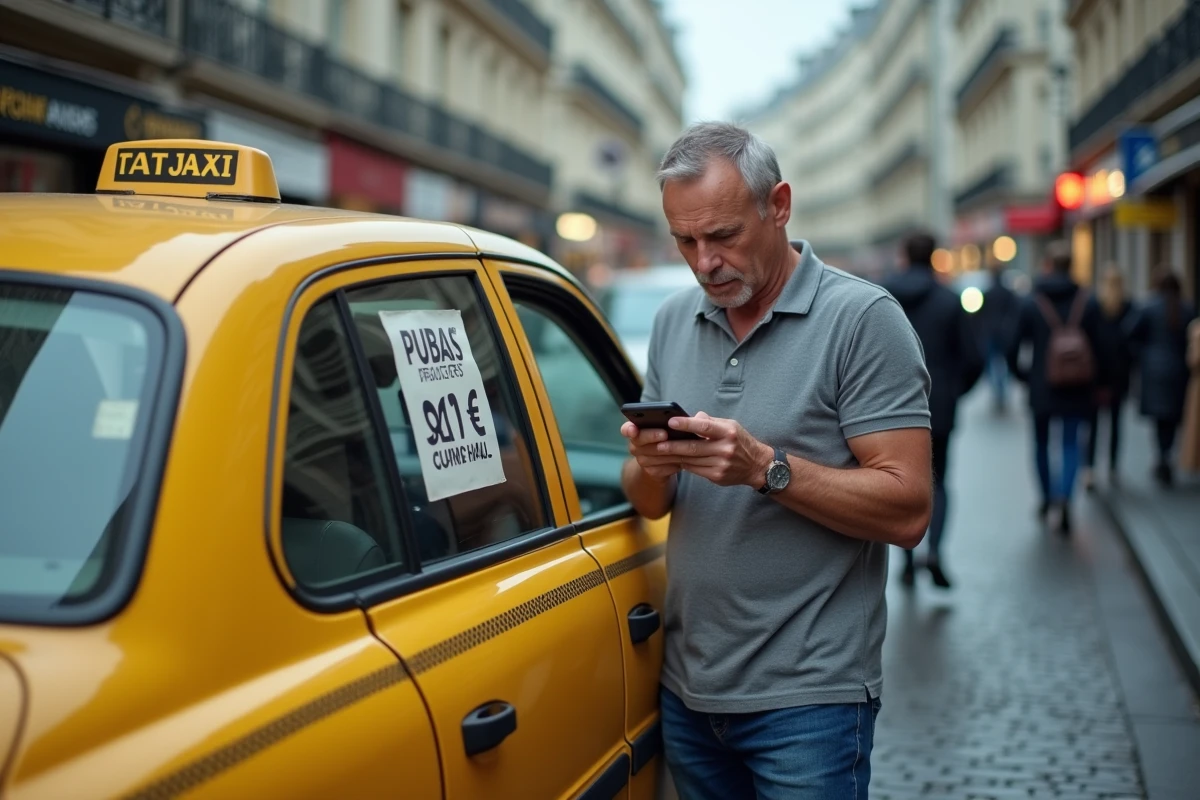 Taxi à vendre dans une rue parisienne avec le propriétaire évaluant le prix de sa licence sur son smartphone