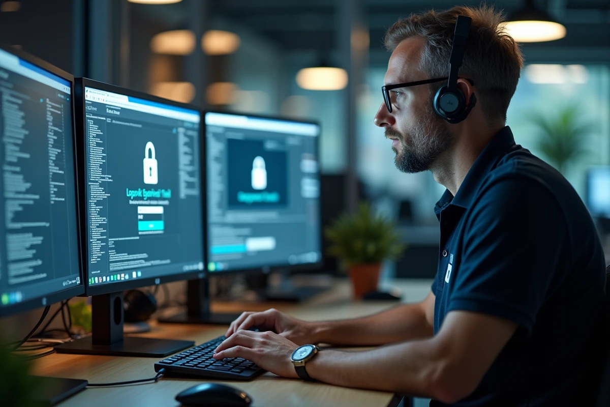 Technicien informatique résolvant un problème de connexion sur un poste de travail multi-écrans en entreprise