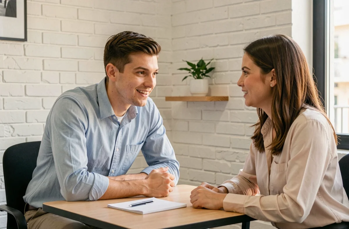 Recruteur de l'agence Temporis à Marseille en entretien informel avec une candidate dans un bureau moderne