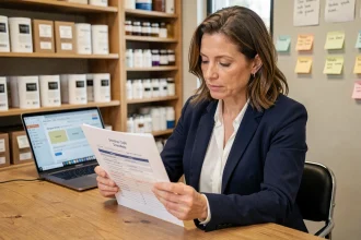 Cheffe d'entreprise TPE analysant une liste de contrôle stratégie digitale avant d'investir en publicité en ligne