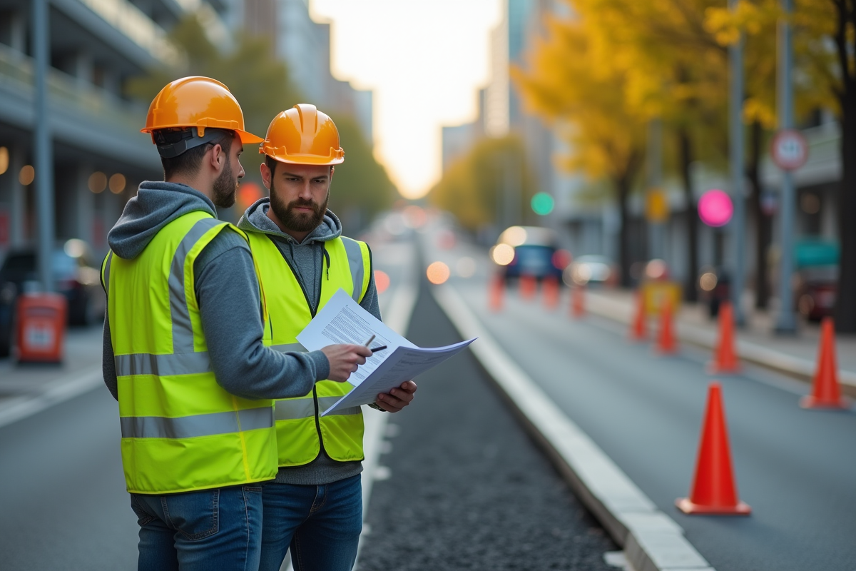Deux agents municipaux discutant de travaux routiers