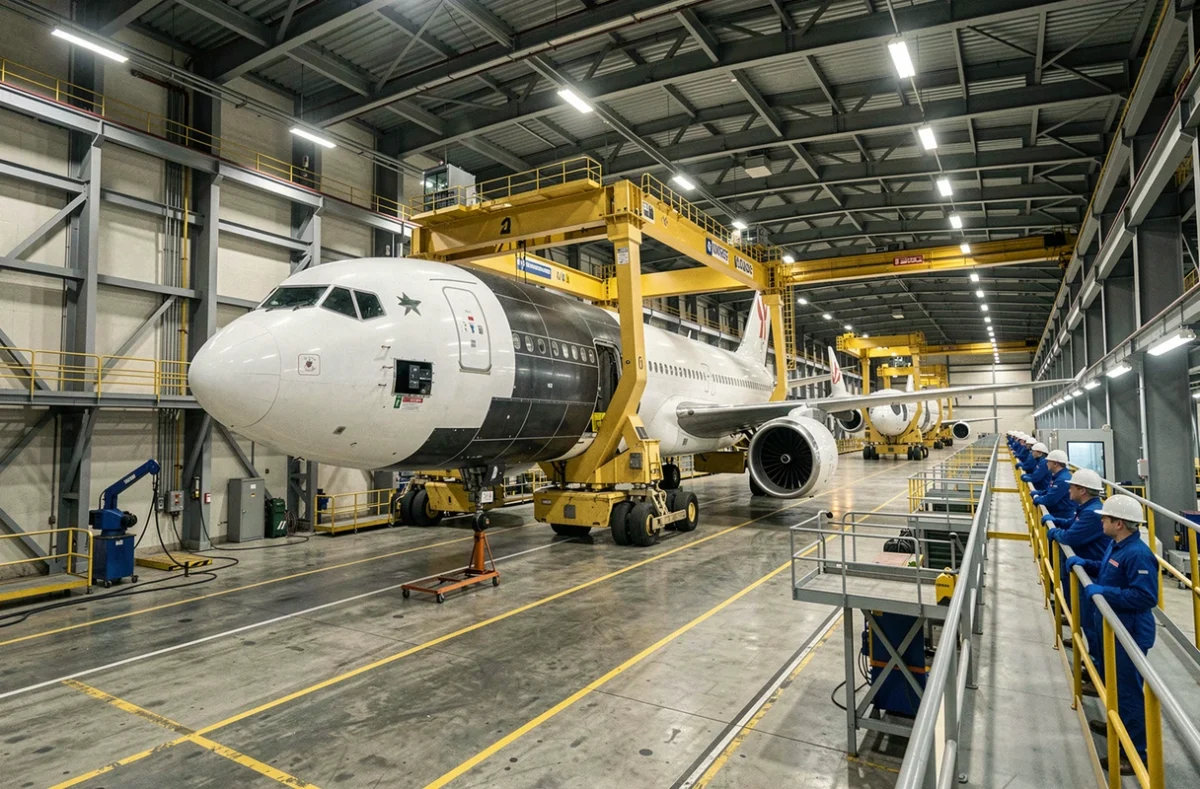 Intérieur d'une usine d'assemblage aéronautique avec un fuselage d'avion en construction sur des berceaux industriels et des techniciens en combinaison bleue