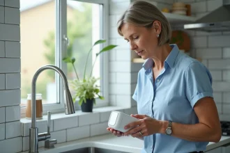 Femme examinant un dispositif de purification d'eau WATERP dans une cuisine moderne, retour d'expérience utilisateur