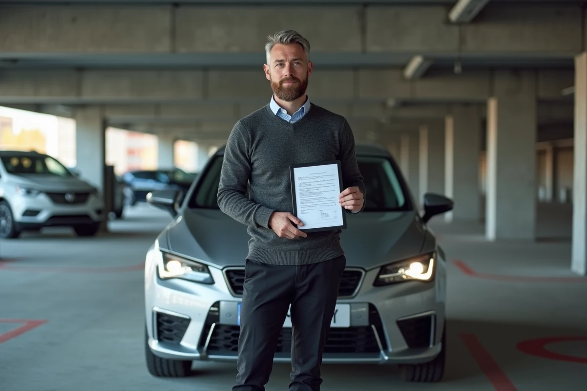 Cadre masculin avec véhicule de fonction dans un parking d'entreprise tenant un document d'avantage en nature voiture