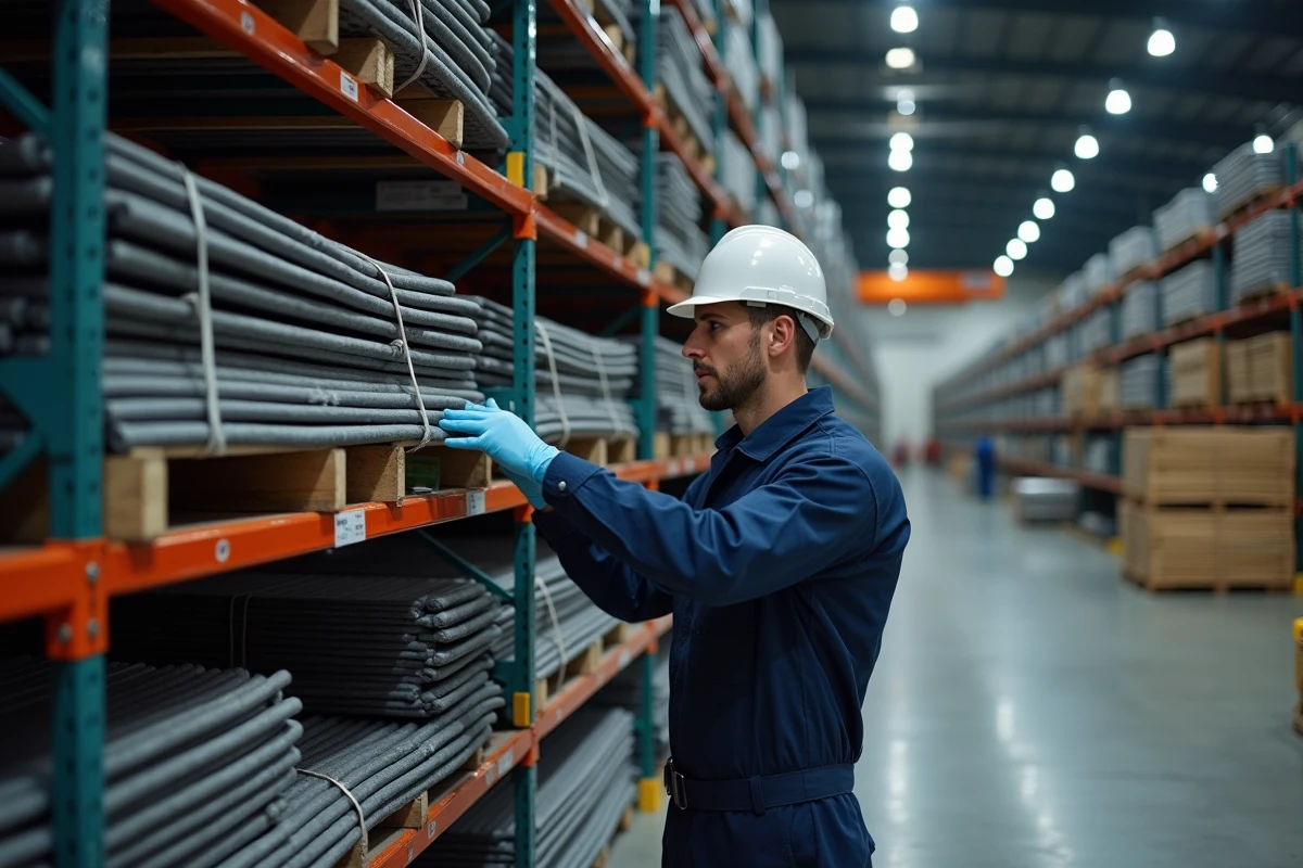 Ouvrier inspectant des barres de fer en acier dans un entrepôt de distribution au détail