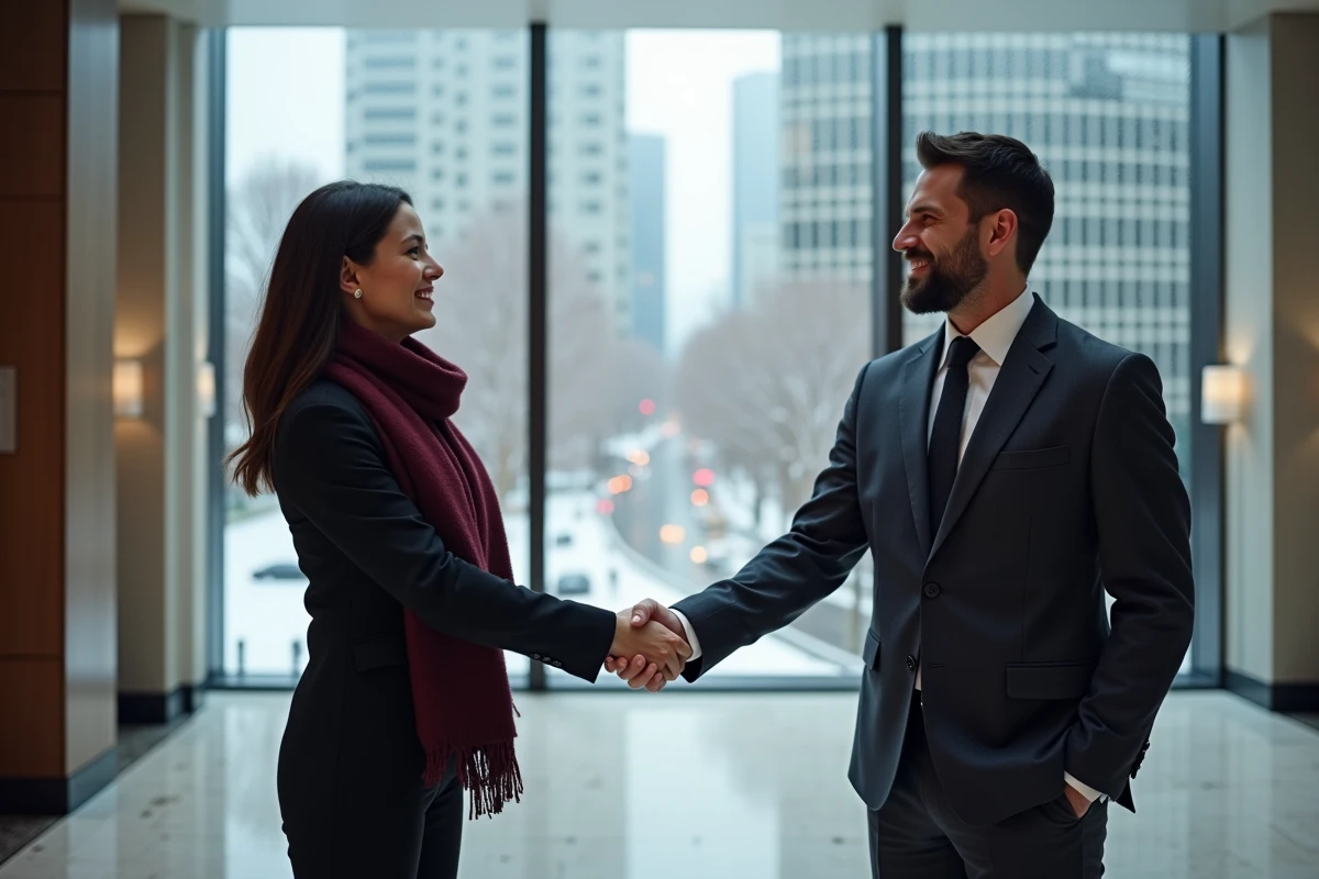 Deux professionnels échangeant des vœux de Nouvel An 2026 lors d'une poignée de main dans un lobby d'entreprise contemporain