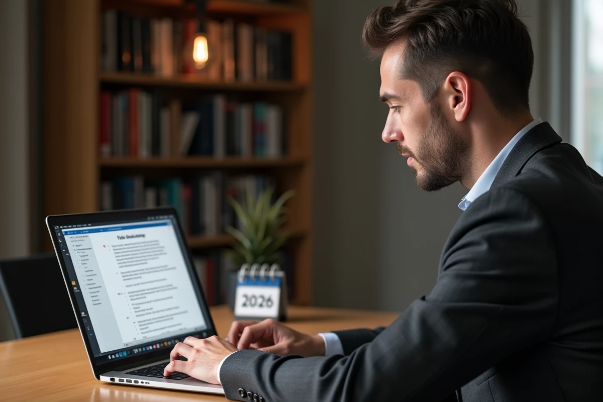 Homme d'affaires rédigeant des vœux professionnels bilingues français-anglais pour 2026 sur son ordinateur portable depuis un bureau à domicile