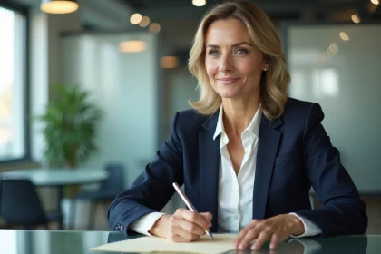 Femme professionnelle rédigeant des vœux de Nouvel An 2026 sur des cartes élégantes dans un bureau moderne