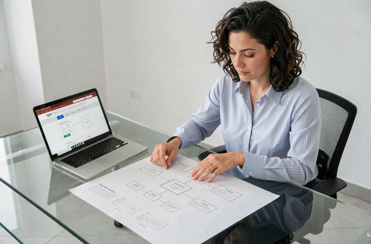 Stratégiste web de Web Theorie étudiant des architectures de sites et des schémas de wireframes dans une agence minimaliste à Bordeaux